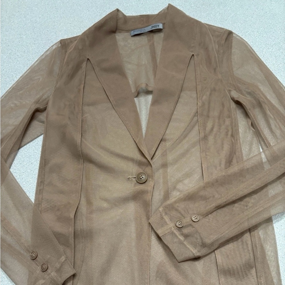 JNBY Sheer Mesh Blazer‑Style Blouse Taupe Minimalist Layering Top